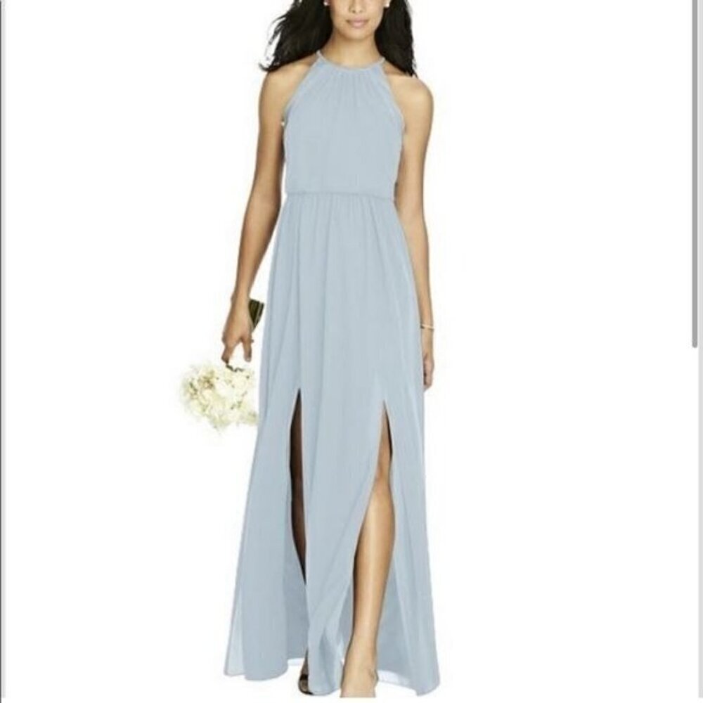 Halter Neck Light Blue Wedding Guest Dress with Front Slits